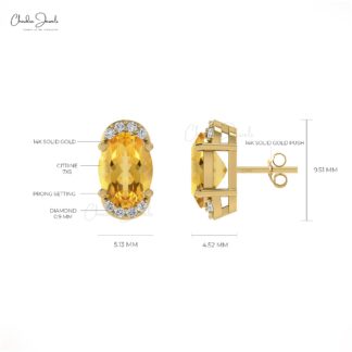 Genuine Citrine Pave Set Earrings 7x5mm Oval Gemstone Half Halo Studs 14k Real Gold Diamond Hallmarked Jewelry For Women’s