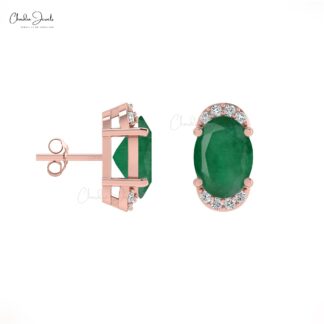 Genuine 1.44ct Emerald & Diamond Half Halo Studs In 14k Solid Gold