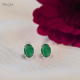 Genuine 1.44ct Emerald & Diamond Half Halo Studs In 14k Solid Gold