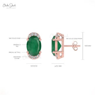 Genuine 1.44ct Emerald & Diamond Half Halo Studs In 14k Solid Gold
