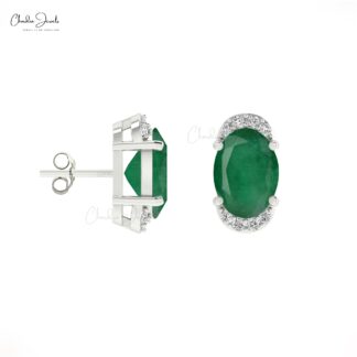 Genuine 1.44ct Emerald & Diamond Half Halo Studs In 14k Solid Gold