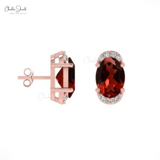 Natural Garnet Gemstone 14K Solid Gold White Diamond Half Halo Stud Earrings