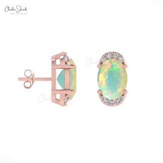 Natural October Birthstone Opal & Real Dimond Half Halo Earrings In 14K Gold For Gift