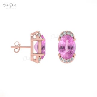 Iconic Pink Sapphire Diamond Earrings 0.94Ct Oval Gemstone Half Halo Studs Genuine 14k Real Gold Art Deco Jewelry For Anniversary Gift