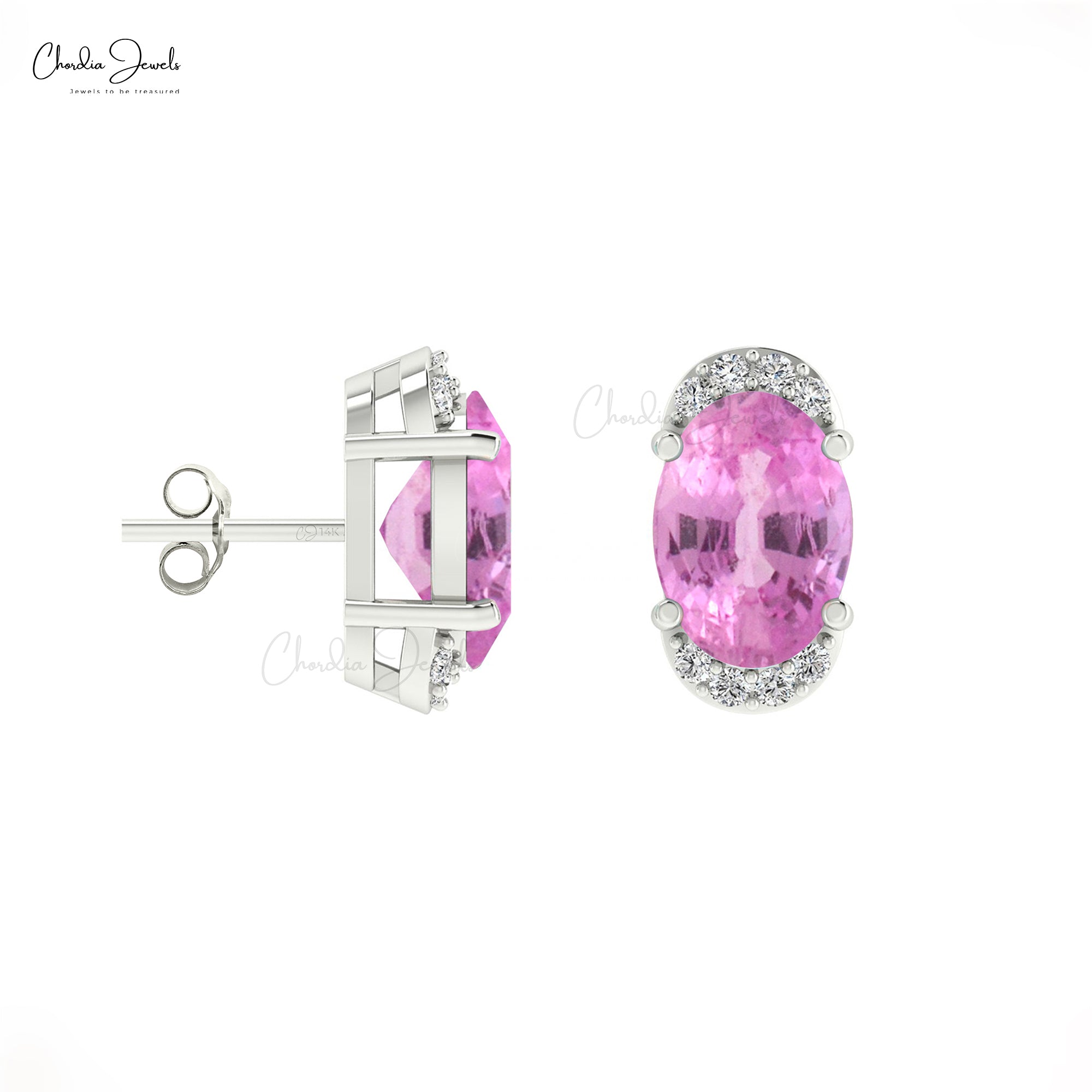 Iconic Pink Sapphire Diamond Earrings 0.94Ct Oval Gemstone Half Halo Studs Genuine 14k Real Gold Art Deco Jewelry For Anniversary Gift