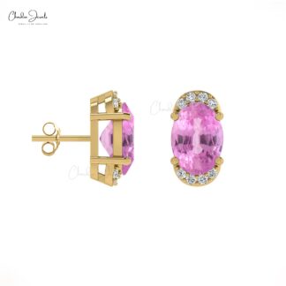 Iconic Pink Sapphire Diamond Earrings 0.94Ct Oval Gemstone Half Halo Studs Genuine 14k Real Gold Art Deco Jewelry For Anniversary Gift