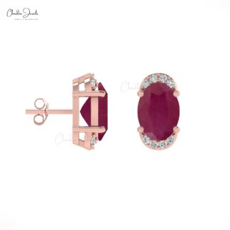Half Halo Diamond And 1.44Ct Burma Ruby July Birthstone Accents In 14k Solid Gold Studs
