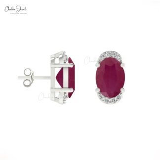 Half Halo Diamond And 1.44Ct Burma Ruby July Birthstone Accents In 14k Solid Gold Studs