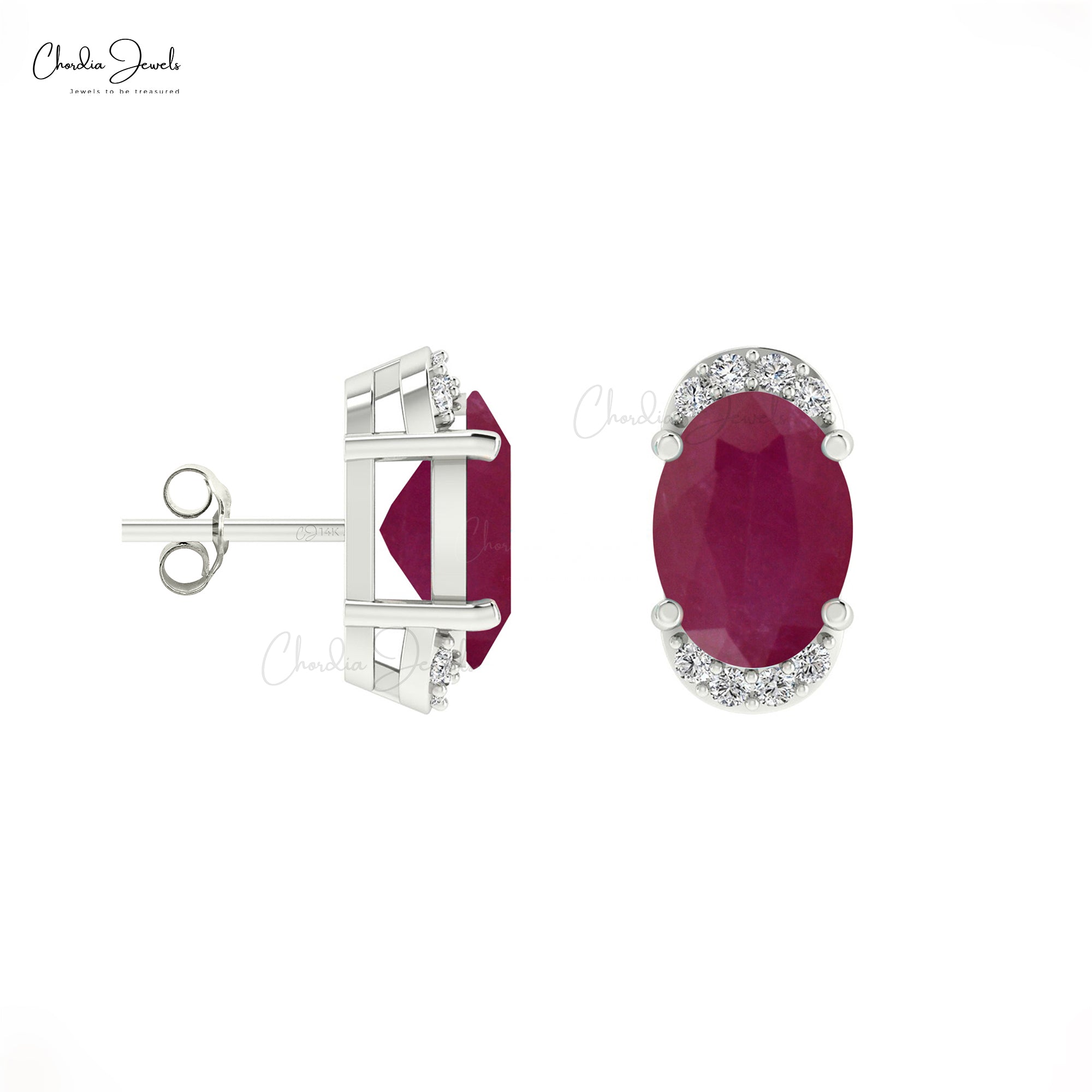 Half Halo Diamond And 1.44Ct Burma Ruby July Birthstone Accents In 14k Solid Gold Studs