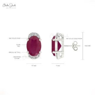 Half Halo Diamond And 1.44Ct Burma Ruby July Birthstone Accents In 14k Solid Gold Studs