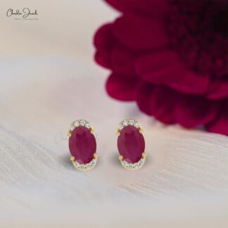 Half Halo Diamond And 1.44Ct Burma Ruby July Birthstone Accents In 14k Solid Gold Studs
