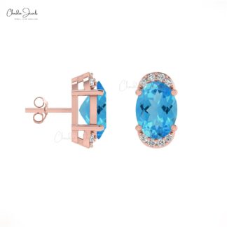Oval Cut Swiss Blue Topaz 14K Gold Diamond Half Halo Stud Earrings December Birthstone