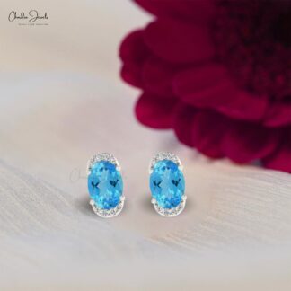 Oval Cut Swiss Blue Topaz 14K Gold Diamond Half Halo Stud Earrings December Birthstone
