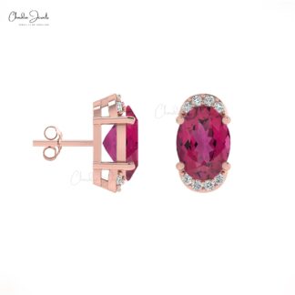 Pink Tourmaline Half Halo Stud Earrings In 14K Solid Gold
