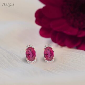 Pink Tourmaline Half Halo Stud Earrings In 14K Solid Gold