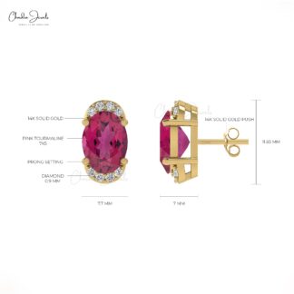 Pink Tourmaline Half Halo Stud Earrings In 14K Solid Gold