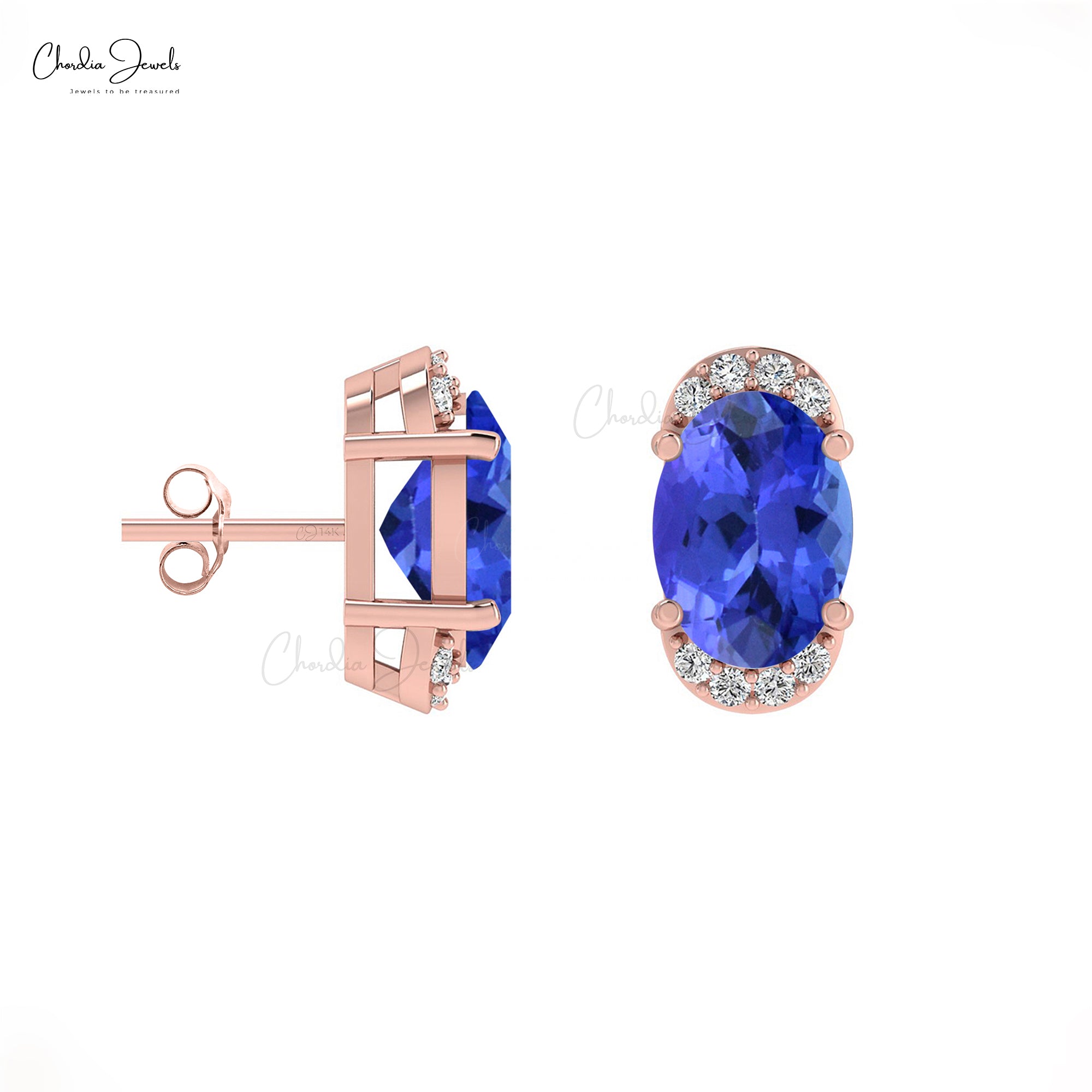 Genuine Tanzanite Half-Halo Studs in 14k Solid Gold Dainty Diamond Earrings Wedding Gift