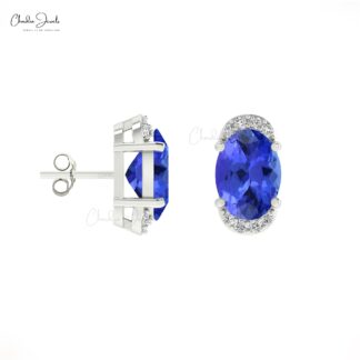 Genuine Tanzanite Half-Halo Studs in 14k Solid Gold Dainty Diamond Earrings Wedding Gift
