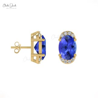 Genuine Tanzanite Half-Halo Studs in 14k Solid Gold Dainty Diamond Earrings Wedding Gift