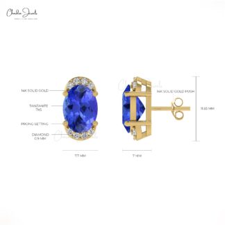 Genuine Tanzanite Half-Halo Studs in 14k Solid Gold Dainty Diamond Earrings Wedding Gift