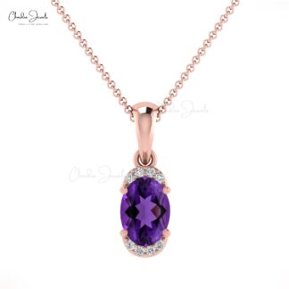 Genuine Amethyst Half Halo Pendant With 7x5mm Gemstone And Diamond 14k Gold Pendant