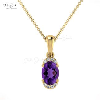 Genuine Amethyst Half Halo Pendant With 7x5mm Gemstone And Diamond 14k Gold Pendant