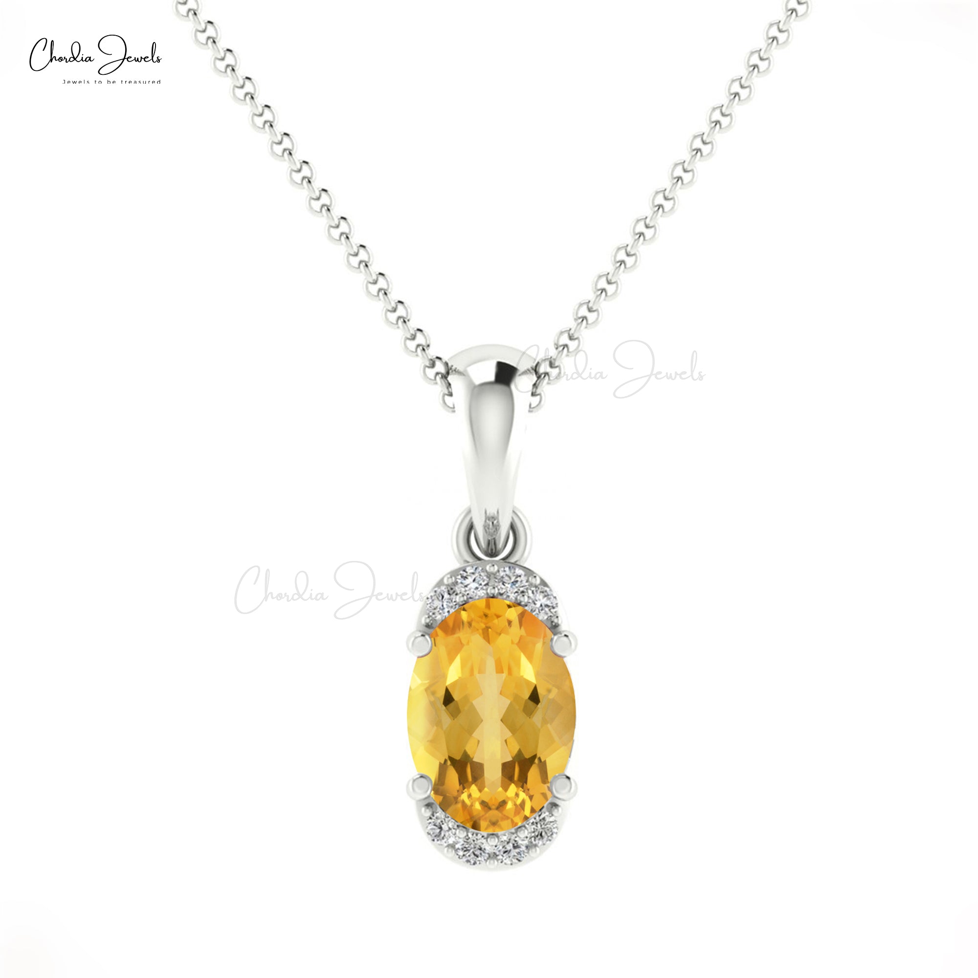 Half Halo Minimalist Pendant In 14k Solid Gold Citrine 7x5mm Gemstone Diamond Pendant