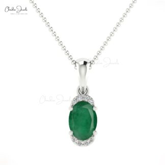 Half Halo Emerald Gemstone Pendant 14k Solid Gold Diamond Pendant For Wedding Gift