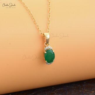 Half Halo Pendant With Genuine Emerald & White Diamond 14k Yellow Gold Light Weight Pendant