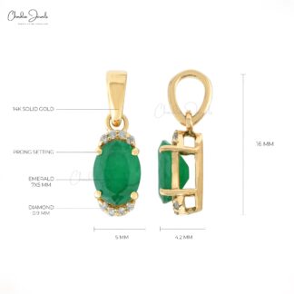Half Halo Pendant With Genuine Emerald & White Diamond 14k Yellow Gold Light Weight Pendant