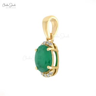 Half Halo Pendant With Genuine Emerald & White Diamond 14k Yellow Gold Light Weight Pendant