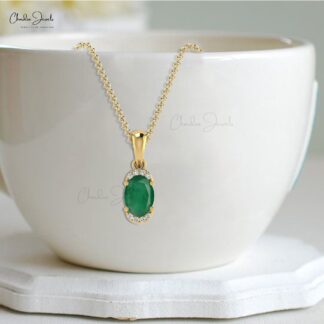 Half Halo Emerald Gemstone Pendant 14k Solid Gold Diamond Pendant For Wedding Gift
