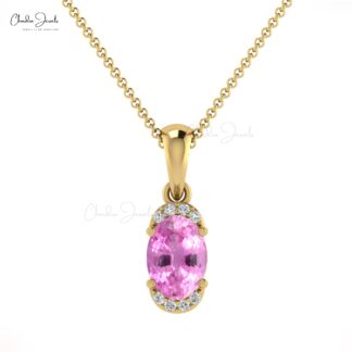 Natural Pink Sapphire Half Halo Charm In 14k Solid Gold Small Diamond Pendant For Mom