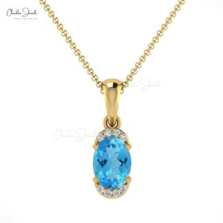 Half Halo Gemstone Pendant in 14k Solid Gold Swiss Blue Topaz And Diamond Dangle Pendant
