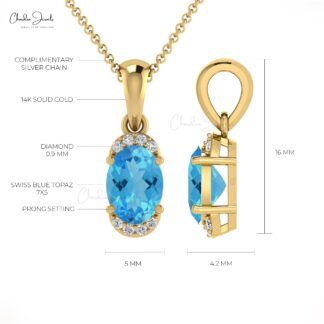 Half Halo Gemstone Pendant in 14k Solid Gold Swiss Blue Topaz And Diamond Dangle Pendant