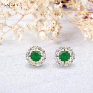 Natural Detachable Emerald Halo Earrings In 14k Solid Gold