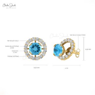 G-H Diamond & Natural Swiss Blue Topaz Detachable Halo Earrings in 14K Gold for Her