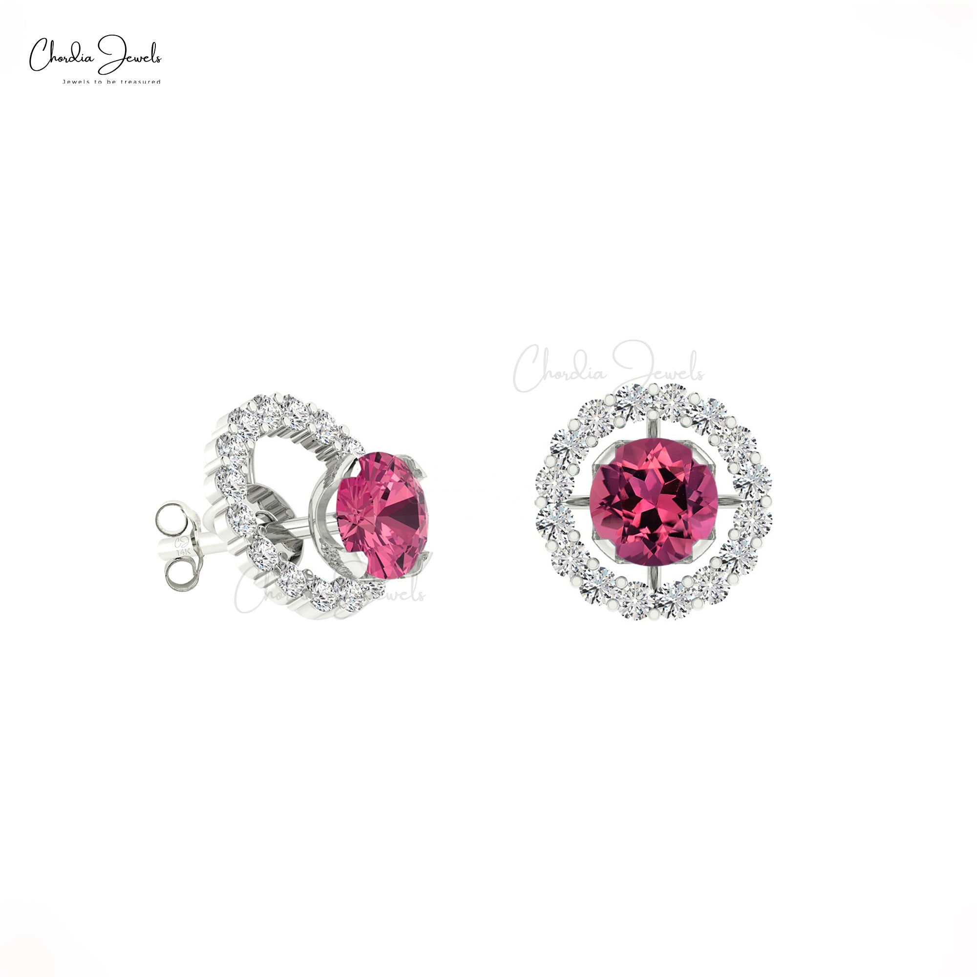 Natural Pink Tourmaline Diamond 14K Gold Halo Stud Earrings For Women