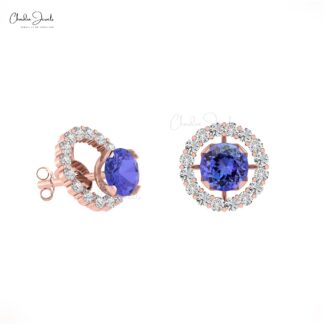 Luxurious Tanzanite Detachable Earrings 14k Real Gold White Diamond Push Back Studs 4mm Round Cut Natural Gemstone Jewelry For Gift