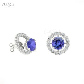 Luxurious Tanzanite Detachable Earrings 14k Real Gold White Diamond Push Back Studs 4mm Round Cut Natural Gemstone Jewelry For Gift