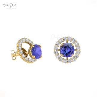 Luxurious Tanzanite Detachable Earrings 14k Real Gold White Diamond Push Back Studs 4mm Round Cut Natural Gemstone Jewelry For Gift