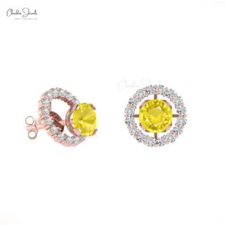 Natural Yellow Sapphire Halo Earrings 0.46Ct Round Gemstone Detachable Earrings 14k Real Gold Diamond Minimalist Jewelry For Bridal