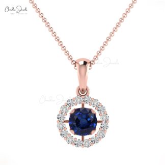 Halo Gemstone Pendant in 14k Solid Gold Blue Sapphire ANd Diamond Hallmarked Pendant