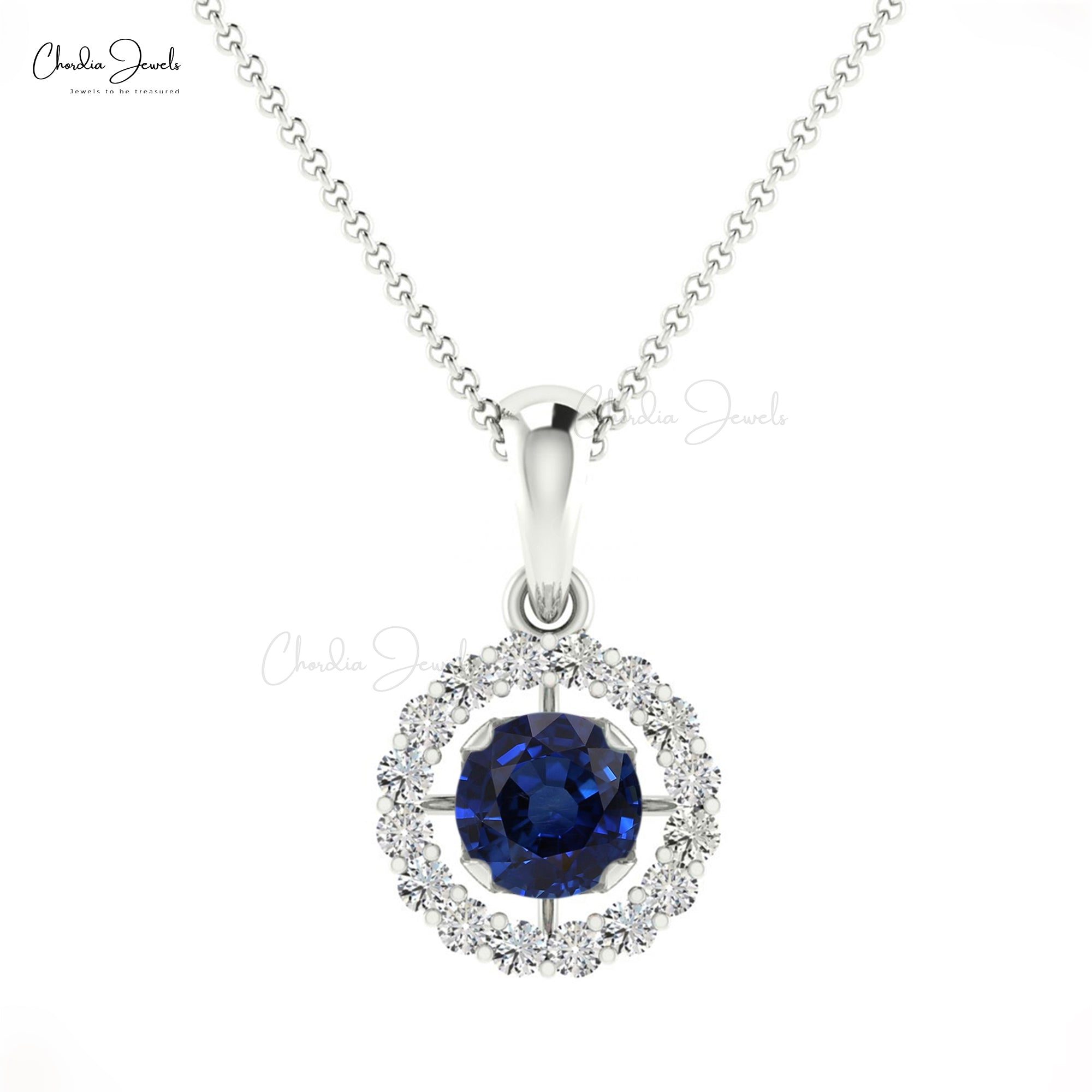Halo Gemstone Pendant in 14k Solid Gold Blue Sapphire ANd Diamond Hallmarked Pendant