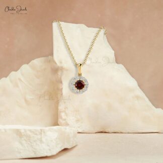 Halo Dual Birthstone Pendant With 4mm Rhodolite Garnet And Diamond 14k Gold Pendant