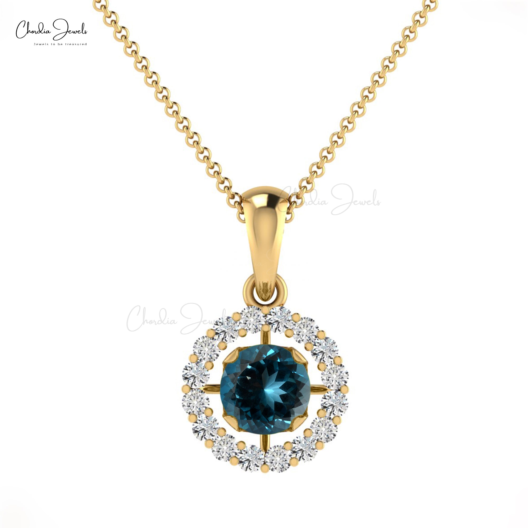 Pure 14k Gold Dangle Charm With 4mm London Blue Topaz Diamond Halo Pendant