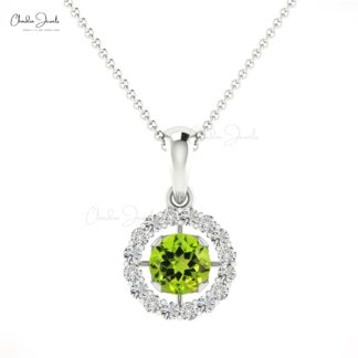 Natural Peridot Halo Pendant 0.25Ct Brilliant Round Cut Handmade Pendant 14k Real Gold G-H Diamond Jewelry Personalized Gift For Her