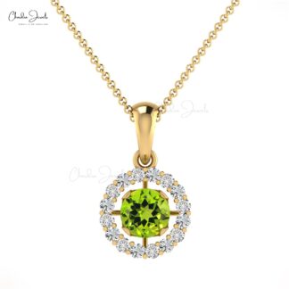 Natural Peridot Halo Pendant 0.25Ct Brilliant Round Cut Handmade Pendant 14k Real Gold G-H Diamond Jewelry Personalized Gift For Her