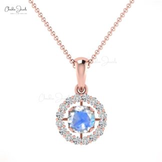 Natural Moonstone Halo Pendant With Pave Diamond 14k Solid Gold Birthstone Necklace