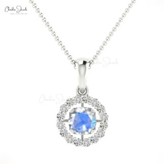 Natural Moonstone Halo Pendant With Pave Diamond 14k Solid Gold Birthstone Necklace